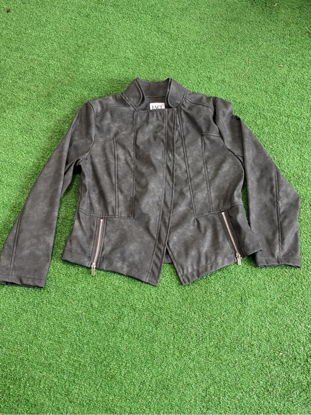 Black Faux-Leather Stand Collar Jacket for Women